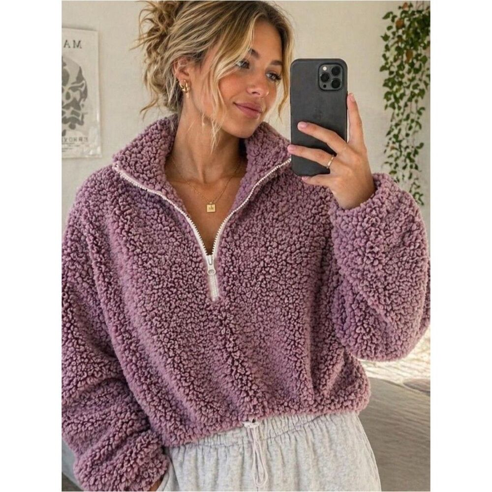 LA Hearts by PacSun Sherpa Quarter Zip Pullover XS Mauve Cropped Fleece